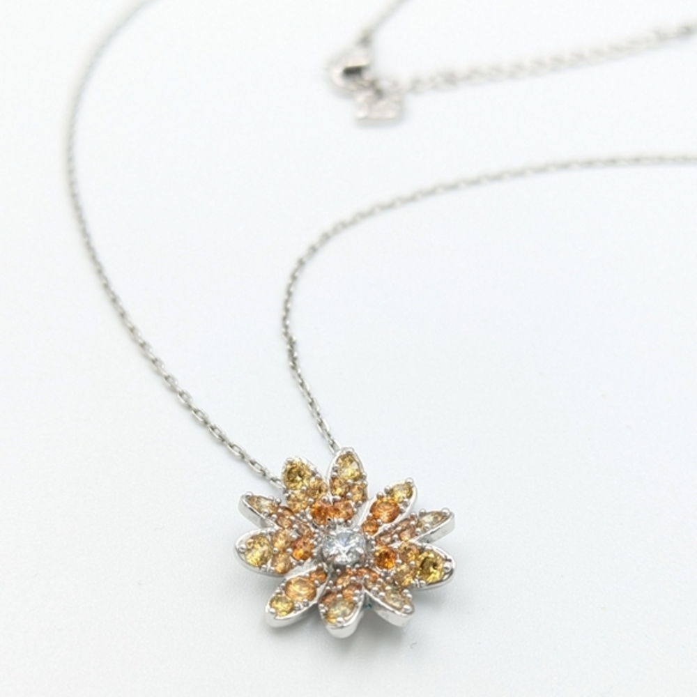 Swarovski orange flower rhinestone pendant necklace on silver tone chain